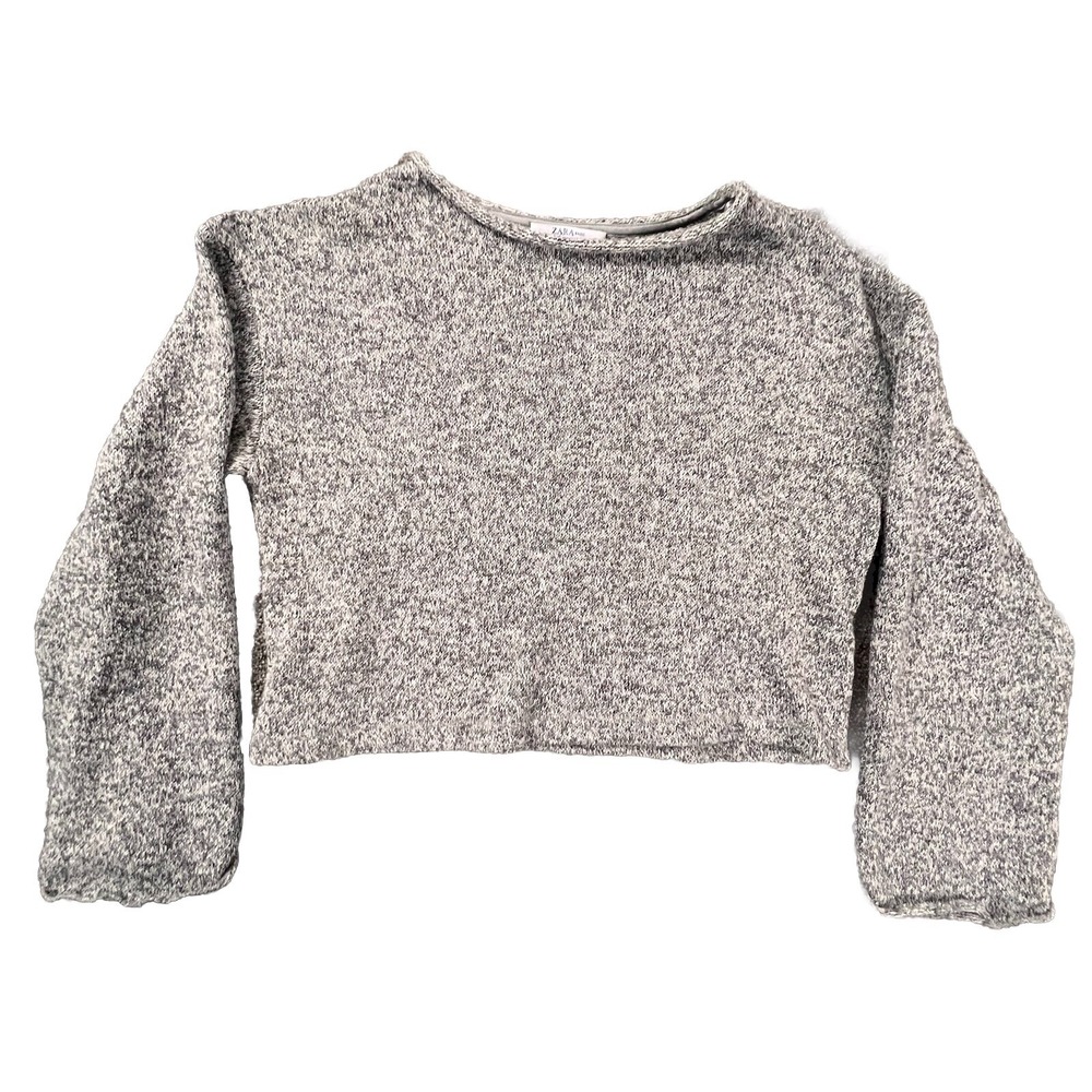 Zara Knit Sweater Women Small Grey Marled Cropped Boat Neck Long Sleeve Casual